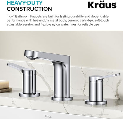 KRAUS Indy Widespread Bathroom Faucet in Chrome with 2 Handles, Pop Up Drain and Supply Lines, FUS-14103CH