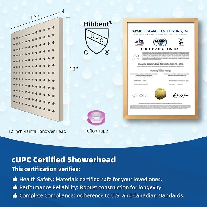 Hibbent cUPC Certified High Pressure 12'' Rain Shower Head, Brushed Nickel | Thickness Metal Showerhead, Square Large Bathroom Rainfall Shower Head, Adjustable Brass Ball, Waterfall Full Body Coverage