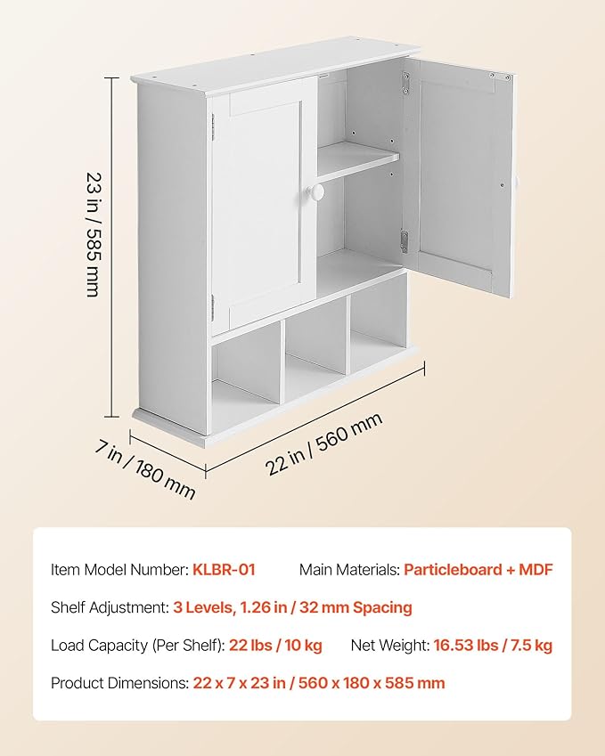 VEVOR Bathroom Wall Cabinet, 23" W x 24" H Storage Medicine Cabinet Wall Mounted, Hanging Organizer with Shelves & Open Partition for Laundry Room Kitchen Restroom, White
