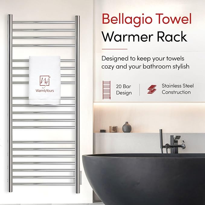 WarmlyYours Bellagio Heated Towel Rack, 20 Bars, Polished Steel | Wall-mounted hardwired 255W towel warmer, 870 BTU/hr, warm dry towels in 15-20 minutes, 304 stainless steel