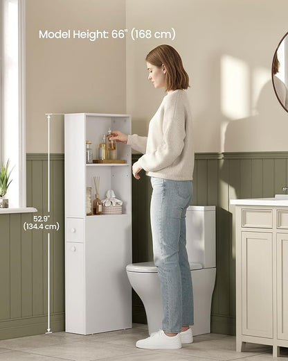 VASAGLE Slim Bathroom Storage Cabinet, Narrow Freestanding Cabinet with Storage Drawers and Adjustable Shelf, for Small Spaces, Modern Style, Cloud White UBBK567T14S