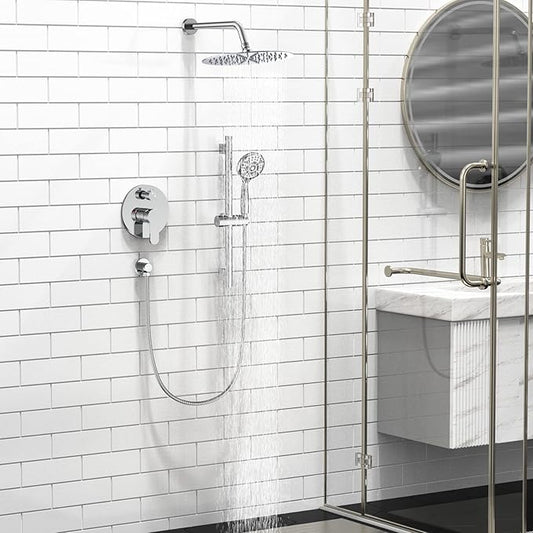 SR SUN RISE 12 Inch Shower System, Slide Bar Shower Faucets Sets Complete Round Shower Heads and 6-Spray Handheld Combo, Wall Mounted Dual Shower Set Included Valve and Trim Kit, Polished Chrome