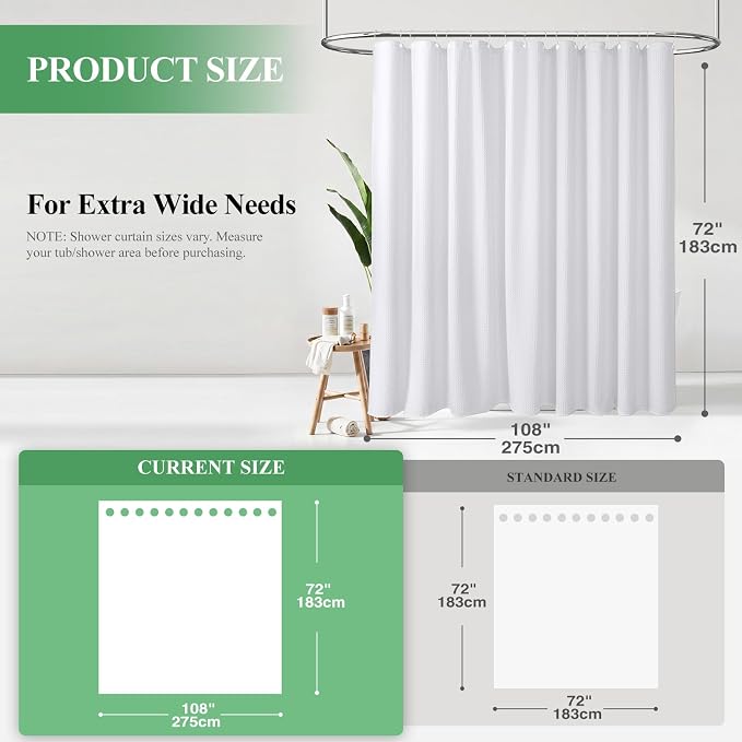 Extra Wide Waffle Shower Curtain 256 GSM Fabric 108x72 White | 108 Inch Wide, Thick Cloth, Weighted Hem, Water Repellent, Hotel Luxury Polyester Shower Curtain Set for Bathroom 18 Hooks