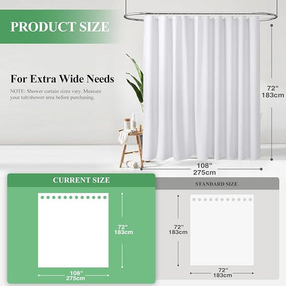 Extra Wide Waffle Shower Curtain 256 GSM Fabric 108x72 White | 108 Inch Wide, Thick Cloth, Weighted Hem, Water Repellent, Hotel Luxury Polyester Shower Curtain Set for Bathroom 18 Hooks
