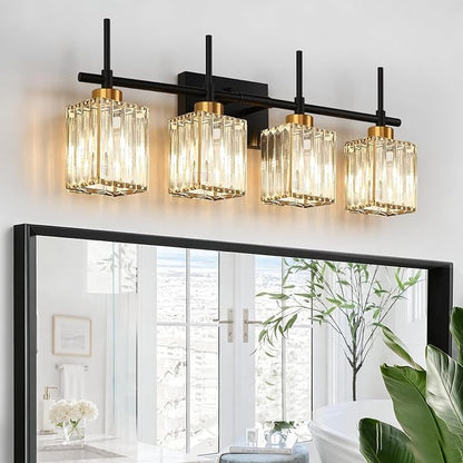 Torondo Modern Crystal Bathroom Vanity Light 4-Lights Gold Bathroom Light Fixtures Over Mirror Black and Gold Vanity Lighting Fixtures Gold Square Shade Brass Wall Sconce (Bulbs Not Include)