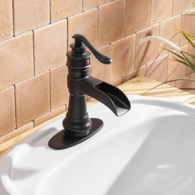 Black Bathroom Sink Faucet Waterfall Bath Faucets Single Handle | Single Hole Deck Mounted, Includes Matching Pop Up Drain and Supply Hose, Farmhouse Antique Commercial, Lead-free Brass