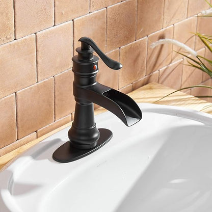 Black Bathroom Sink Faucet Waterfall Bath Faucets Single Handle | Single Hole Deck Mounted, Includes Matching Pop Up Drain and Supply Hose, Farmhouse Antique Commercial, Lead-free Brass