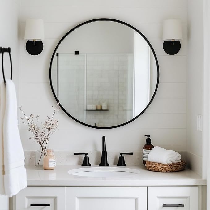 Large Round Mirror, 30 inch Circle Mirror, Matte Black Metal Frame | High Definition,Waterproof,Rust-resistant, Round Mounted Mirrors for Bathroom,Living Room,Bedroom,Hallyway,Vanity,Wall Décor