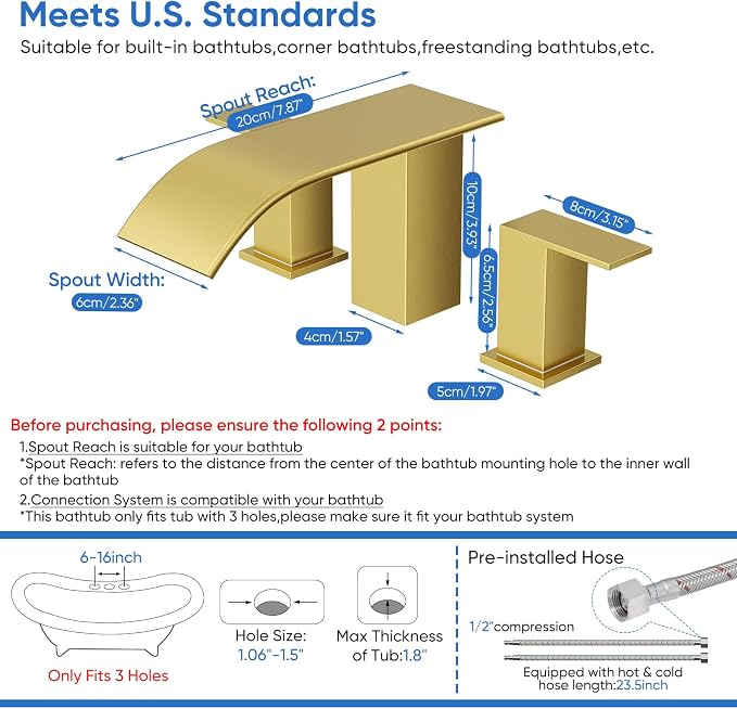 RUMOSE Roman Bathtub Faucet Set Waterfall Tub Faucets Brushed Gold | High Flow Widespread 6-16 Inch 3 Holes Deck Mount Tub Filler 2 Handles Bathtub Filler Soaking Bath Faucet