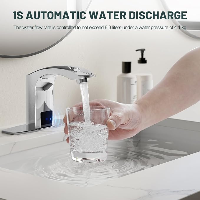 Touchless Bathroom Sink Faucet, Greenspring Automatic Sensor Faucet, Hands Free Vanity Faucets, Commercial Deck Mount Bathroom Faucet with Cover Plate, Chrome
