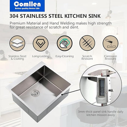 Comllen 22x18 Inch Drop in Kitchen Sink,16 Gauge Topmount RV Small Kitchen Bar Sinks,Stainless Steel Outdoor Prep Single Bowl Workstation Wet Bar Sink