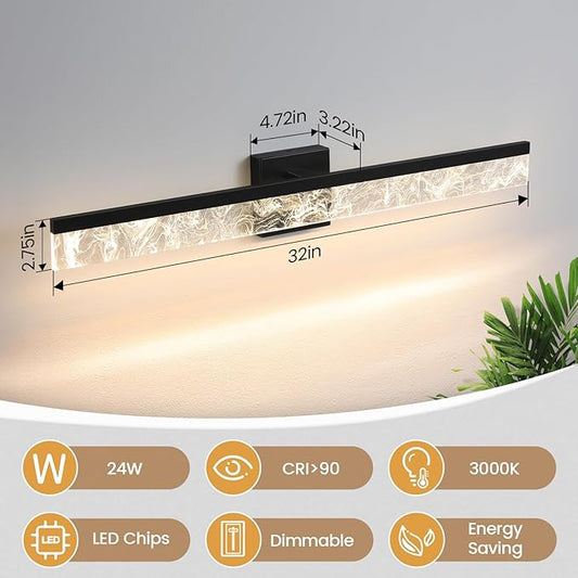 Modern Vanity Lights for Bathroom, 32 Inch Black Bathroom Light Fixtures Over Mirror, 24W Dimmable LED Vanity Lighting Fixtures for Bath Mirror Restroom Bedroom 3000K