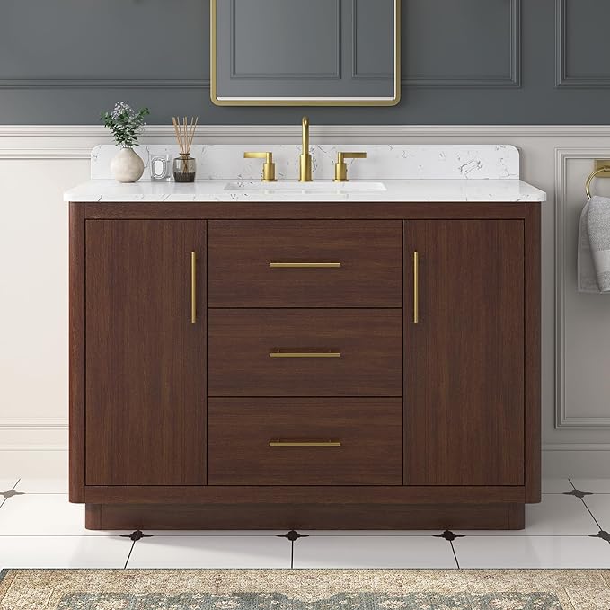48 Inch Bathroom Vanity with Sink, Solid Wood Frame with Engineered Marble Countertop, Fully-Assembled Vanity with Soft-Close Drawers, Adjustable Feets, Warm Elm