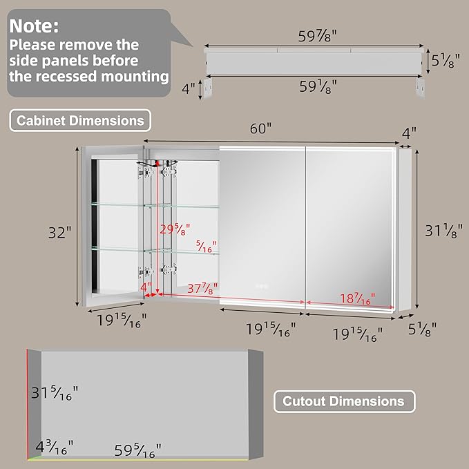 Buruis 60'' x 32'' Medicine Cabinet with Lights and Mirrors, Recessed or Wall Mounted Modern Bathroom Cabinet with 3-Mode Light, Anti-Fog, Dimmable, Memory Function, Outlet, Silver