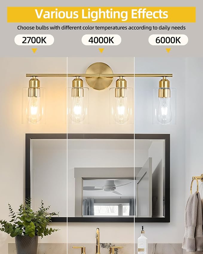4-Light Bathroom Light Fixtures, Gold Bathroom Vanity Lights, Bathroom Lighting Fixtures Over Mirror with Clear Glass Shade, Wall Sconce Light for Bedroom, Living Room and Hallway