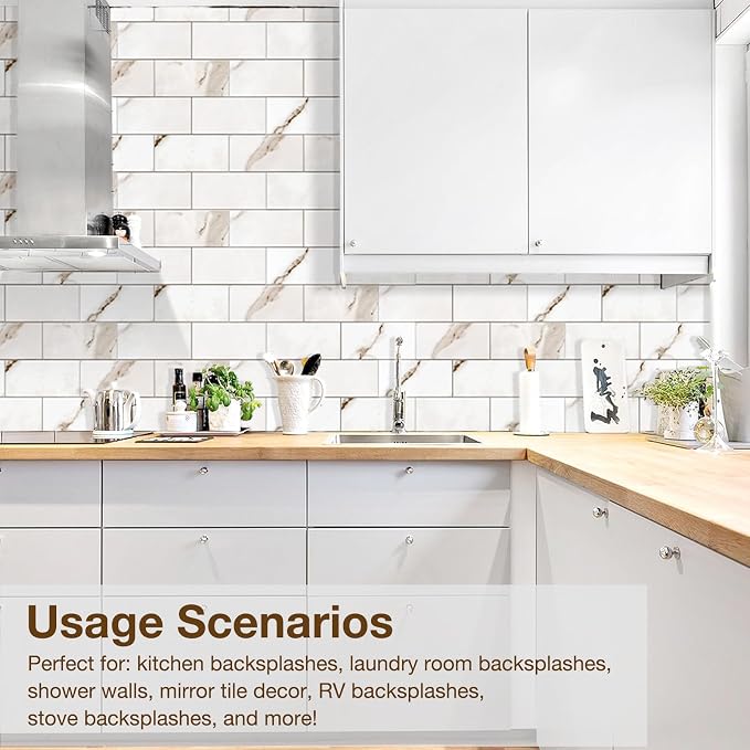 Peel and Stick Backsplash Tile for Kitchen & Bathroom Walls (Polished White Marble, 10 Tiles - 9.7 Sq. Ft. (0.9 M))