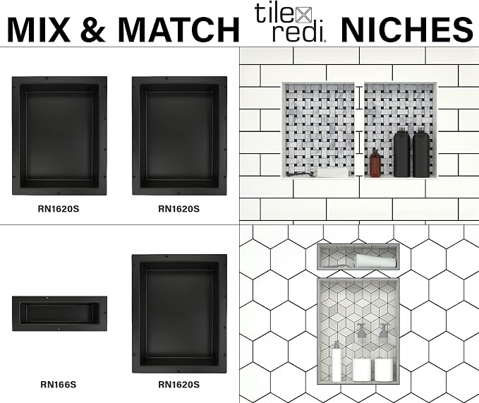 Tile Redi USA RN1620S-BI Redi Niche Single Recessed Shower Shelf, One Inner Shelf, 20" H x 16" W, Black