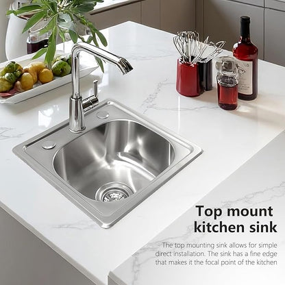 15 inch Stainless Steel Bar Sink, 2-hole Single Bowl Topmount Brushed Drop in RV Sink with Drainer