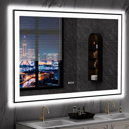 LOAAO 55"X36" LED Bathroom Mirror Black Framed | Anti-Fog, Dimmable, Memory Function, Tempered Glass, Lighted Vanity Mirror for Wall