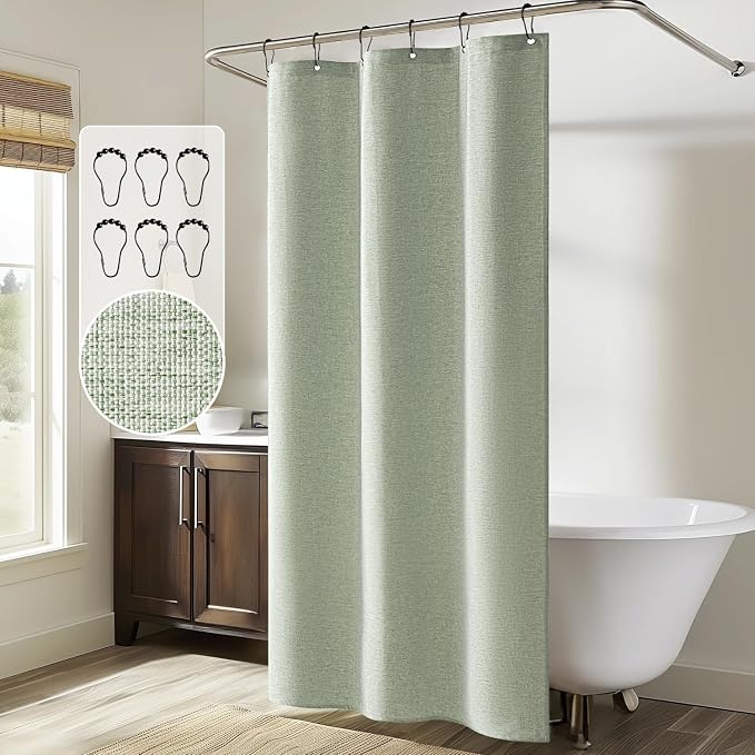 MIULEE Stall Spring Linen Shower Curtain Sage Green W36*L72 6 Metal Hooks | Small, Heavy Duty, Fabric Curtain Set, Waterproof Narrow Thick Cloth Shower Curtains, Bathroom Hotel, Washable