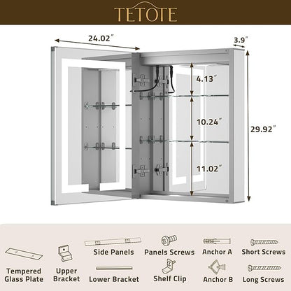 TETOTE 24 x 30 LED Lighted Medicine Cabinet with Lights & Outlets & USB, Recessed or Surface Mount Medicine Cabinet Mirror for Bathroom with Storage, Tempered Glass, 3-Color Dimming, Adjustable Shelf