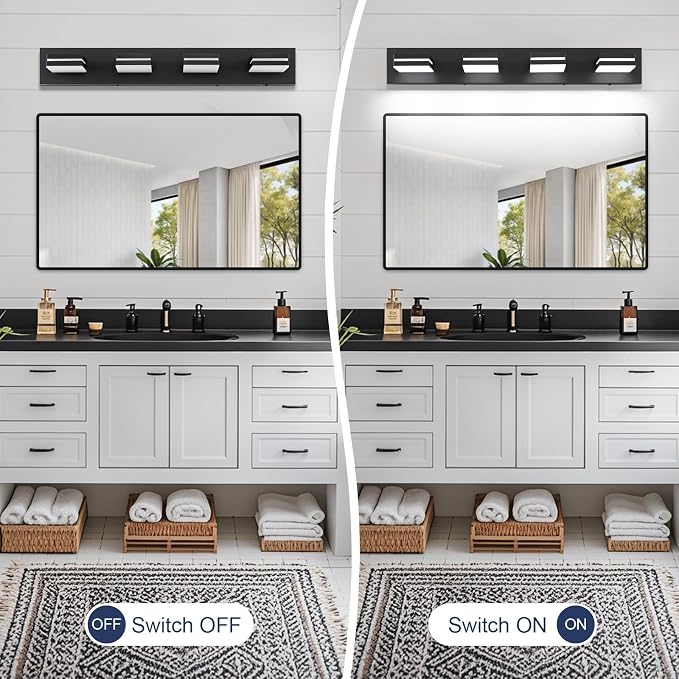 Bathroom Vanity Lighting Fixtures Over Mirror (4-Light, 30-Inch) Modern LED Bathroom Wall Lighting Fixtures, Matte Black (Cool White 6000K)