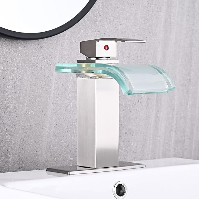 LED Bathroom Sink Faucet, Brushed Nickel Waterfall Single Hole Handle Vanity Faucets for Sinks 1 Hole with Metal Pop Up Drain and 2 Water Supply Lines, Wide Glass Spout