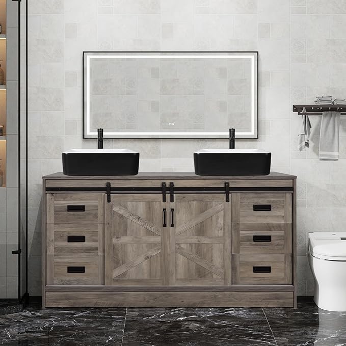 60" Barn Door Bathroom Vanity with 6 Drawers and Two Doors, Farmhouse Style Standing Pedestal Cabinet with Two Black and White Ceramic Sinks