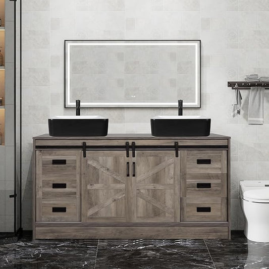 60" Barn Door Bathroom Vanity with 6 Drawers and Two Doors, Farmhouse Style Standing Pedestal Cabinet with Two Black and White Ceramic Sinks