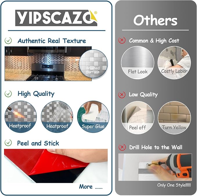 Yipscazo 10-Sheets Peel and Stick Backsplashes for Kitchen, Stick on Backsplash Stainless Steel Metal Tiles for Kitchen Walls, Stainless Steel Backsplash for Range Hood Wall Shield (12''x12'')