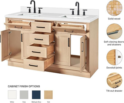 ARIEL Hepburn 60-inch Bathroom Vanity with Sink,Solid Wood, 1.5-inch Pure White Quartz Countertop, Double Rectangular Porcelain Sink, 4 Soft Closing Doors, 6 Dovetail Drawers, White Oak
