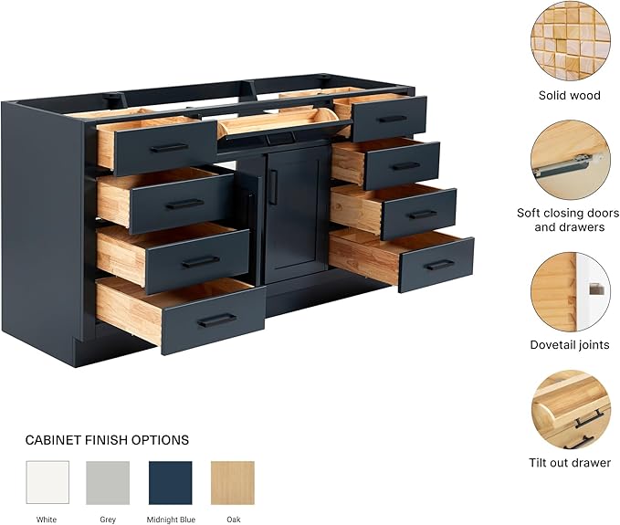 ARIEL Hepburn 66-inch Bathroom Vanity Base Cabinet,Solid Wood, 2 Soft Closing Doors, 9 Dovetail Drawers, Midnight Blue