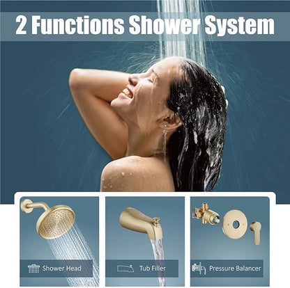 Aolemi Tub Shower Faucet Set With Valve Wall Mount Shower Trim Kit 6 Inch Bathtub Fixtures Rough-in Valve Single-Spray Shower Head System 5.3 Inch Tub Spout Brushed Gold Modern