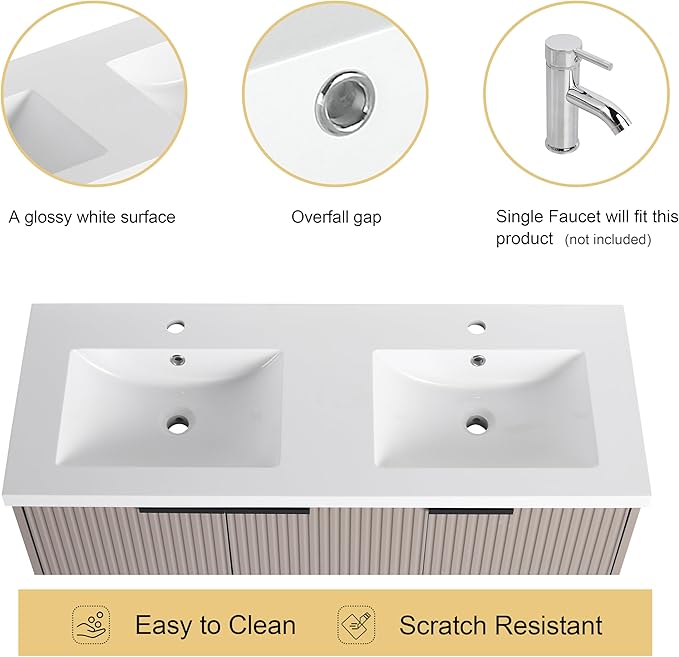 Malwee 48" Bathroom Vanity with Sink, 48 inch Double Sink Floating Vanity, Wall Mounted Bathroom Basin Cabinet Combo, Modern Khaki Bath Vanity Cabinet Set with Storage(MA10348DKH)
