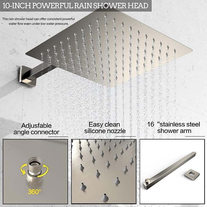 Brushed Nickel Rain Shower System Faucet Set with Handheld, 10 inch | Solid Metal Wall Mount Rainfall Shower Set with Safe Anti-Scald Valve, Air Injection High Pressure Water Saving Combo