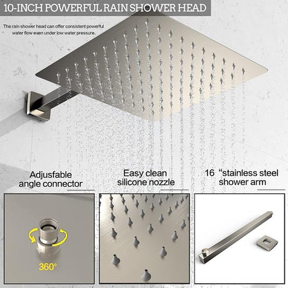 Brushed Nickel Rain Shower System Faucet Set with Handheld, 10 inch | Solid Metal Wall Mount Rainfall Shower Set with Safe Anti-Scald Valve, Air Injection High Pressure Water Saving Combo