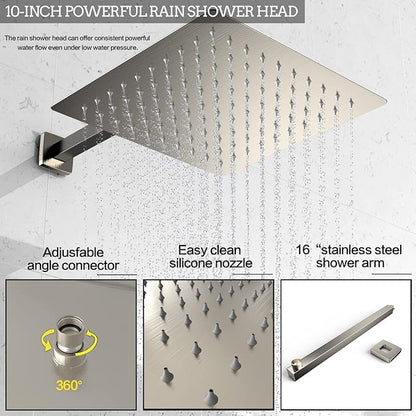 Shower System Wall Mounted 10 inch Shower Overhead for Bathroom,Rain Shower Combo Set with Handheld Spray,Luxury Rainfall Shower Head Rough-in Valve and Trim Included(Brushed Nickel)