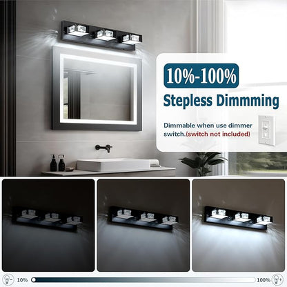 Joossnwell Modern Crystal Vanity Light 3-Light, 5CCT Selectable LED Bathroom Light Fixtures Over Mirror, Dimmable Matte Black Bath Wall Sconce with 350° Rotatable Head, Acrylic Diffuser, 20.5 Inch