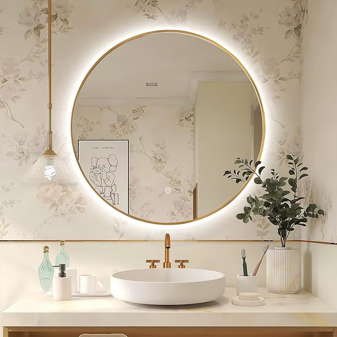 Niccy Round LED Bathroom Mirrors, Gold Framed Backlit Vanity Mirror, 30" | LED Smart Circle Mirror with 3 Color Lighting, Anti-Fog Lighted, IP65 Waterproof, Wall Mounted Bathroom Vanity