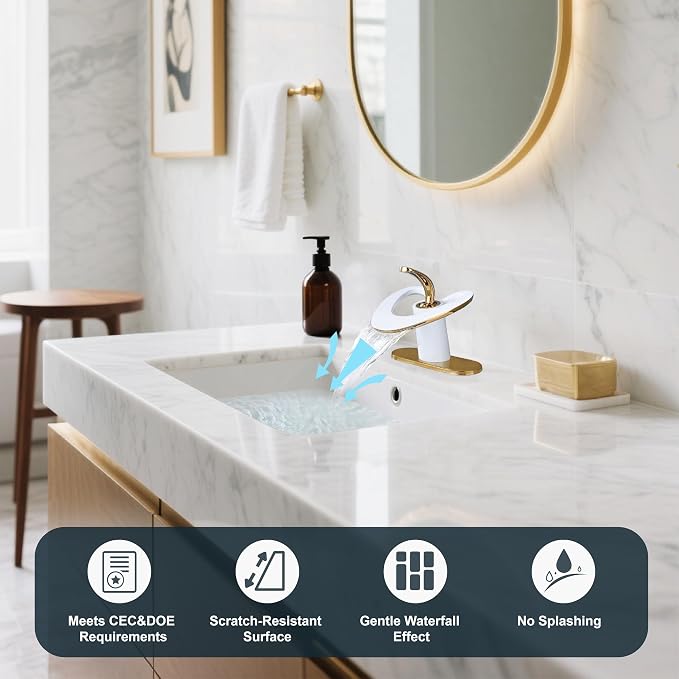 White Gold Waterfall Single Hole Vanity Sink 2 Tone Brass Unique Modern Bathroom Faucets, Luxury Elegant Hollow 1 Handle Faucet, Basin Tap for RV Bar Laundry with Pop up Drain, Sink Romodel