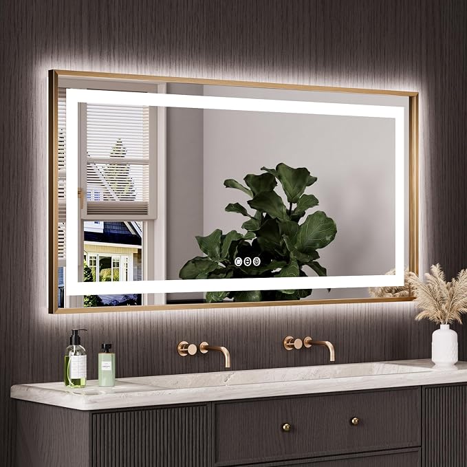 60"X30" LED Bathroom Mirror with Front Lit and Backlit(Brushed Gold) | Metal Framed Mirror, Stepless Dimmable, Anti-Fog, HD Reflection, Shatter-Proof, Memory, 3 Colors, Double LED Vanity Mirror.