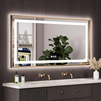 60"X30" LED Bathroom Mirror with Front Lit and Backlit(Brushed Gold) | Metal Framed Mirror, Stepless Dimmable, Anti-Fog, HD Reflection, Shatter-Proof, Memory, 3 Colors, Double LED Vanity Mirror.