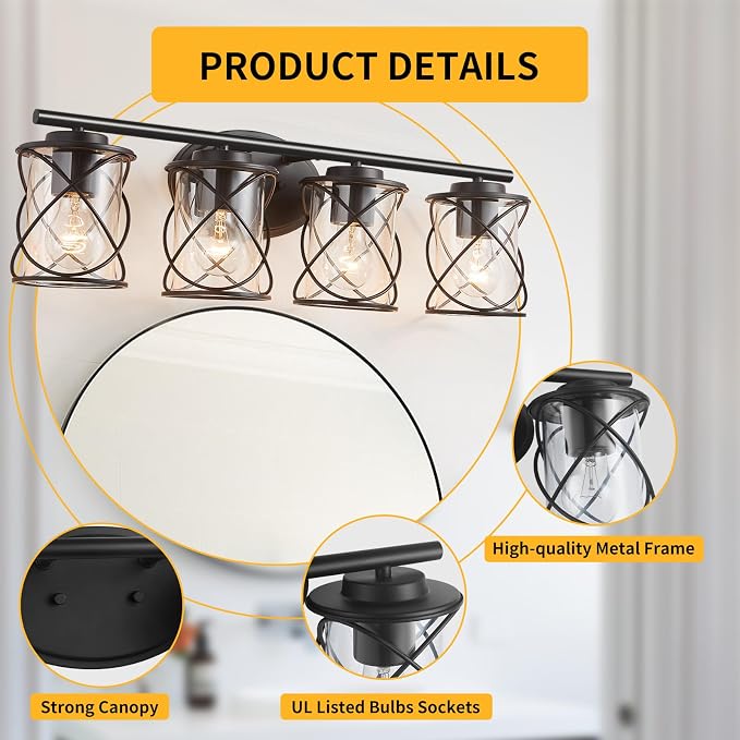 Bathroom Vanity Light Fixtures Over Mirror, 4 Lights Bathroom Vanity Lights, Matte Black Vanity Light, Modern Bathroom Lights with Cage Shade, Bathroom Wall Lamp for Mirror Kitchen Bedroom