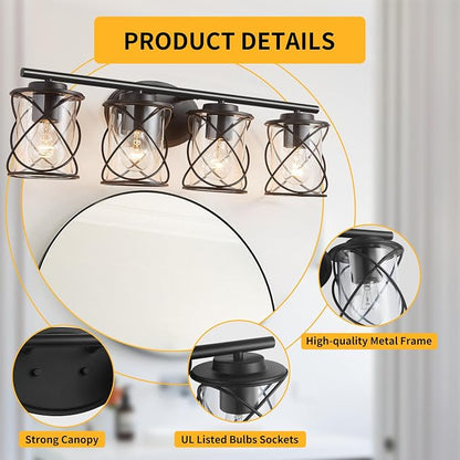 Bathroom Vanity Light Fixtures Over Mirror, 4 Lights Bathroom Vanity Lights, Matte Black Vanity Light, Modern Bathroom Lights with Cage Shade, Bathroom Wall Lamp for Mirror Kitchen Bedroom