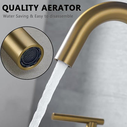 Bathroom Faucet 2 Handle 4 Inch Centerset Vanity Sink Faucet with Metal Overflow Pop Up Drain, 360°Swivel Spout, Stainless Steel, Brushed Brass Gold