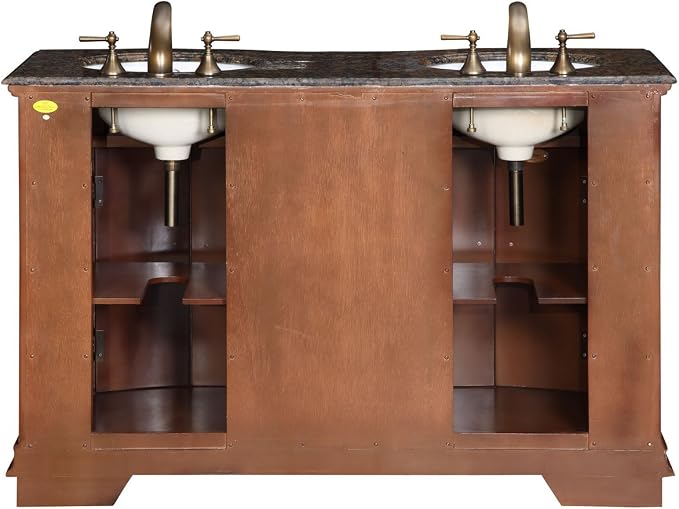 HYP-0223-BB-UWC-55 Granite Stone Top Double White Sink Bathroom Vanity with Furniture Cabinet, 55", Medium Wood