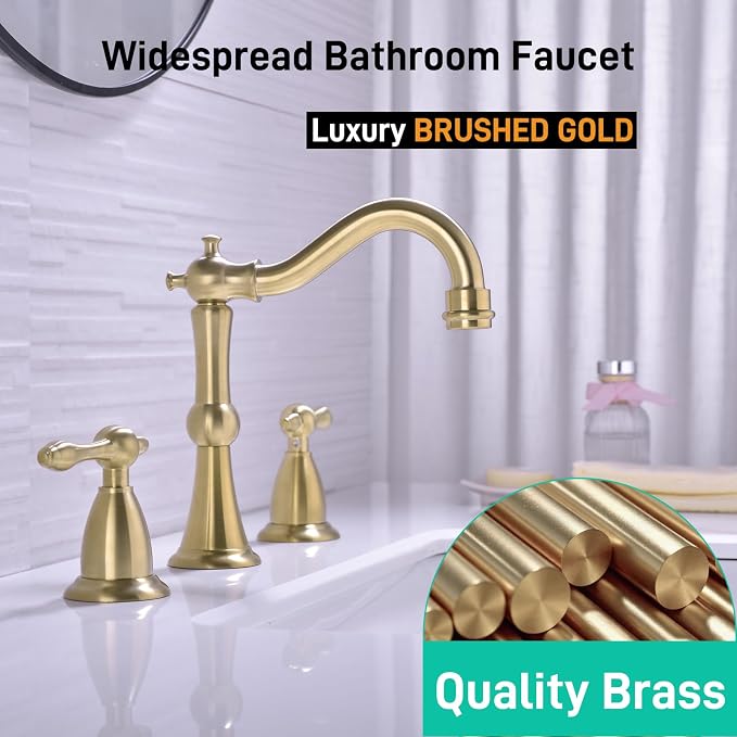 TRUSTMI 8" Widespread Brushed Gold Faucet w/Pop-Up Drain & Supply Lines | Solid Brass, fits 3-Hole Vanity Sink, cUPC Lines, Overflow Drain