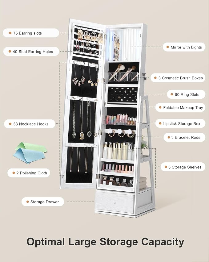 Nicetree 360° Swivel LED Jewelry Cabinet, Full-Length Mirror, Grain White