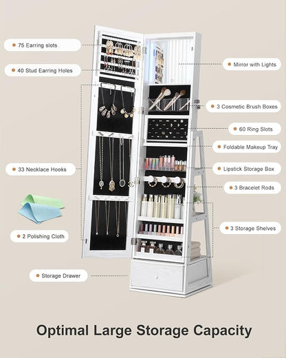 Nicetree 360° Swivel LED Jewelry Cabinet, Full-Length Mirror, Grain White