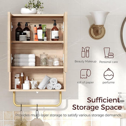 Bathroom Wall Cabinet, Wall Mounted Medicine Cabinets with Towel Bar & Adjustable Shelf, Over The Toilet Space Saver Storage Cabinet with 2 Doors, for Bathroom Laundry Room Kitchen, Natural